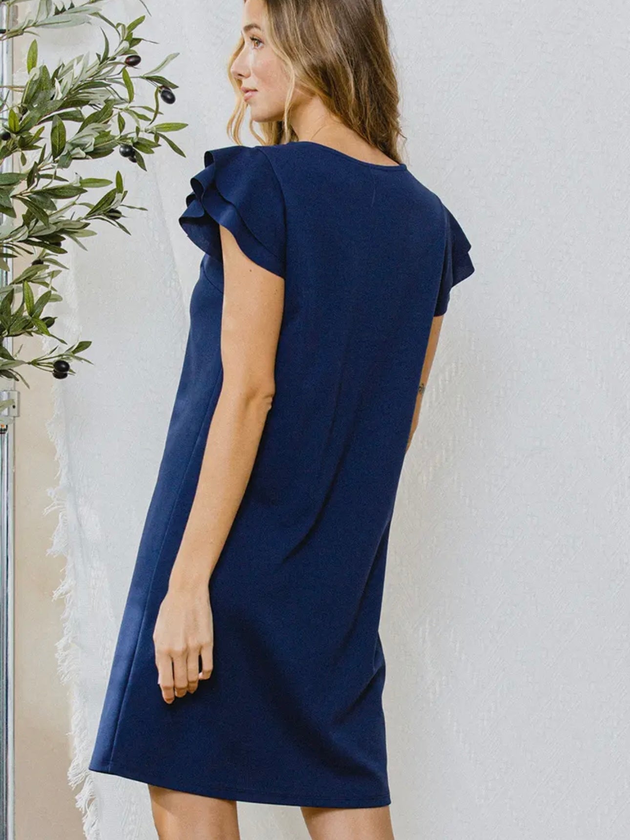 Navy Ruffle Sleeves Tunic Dress