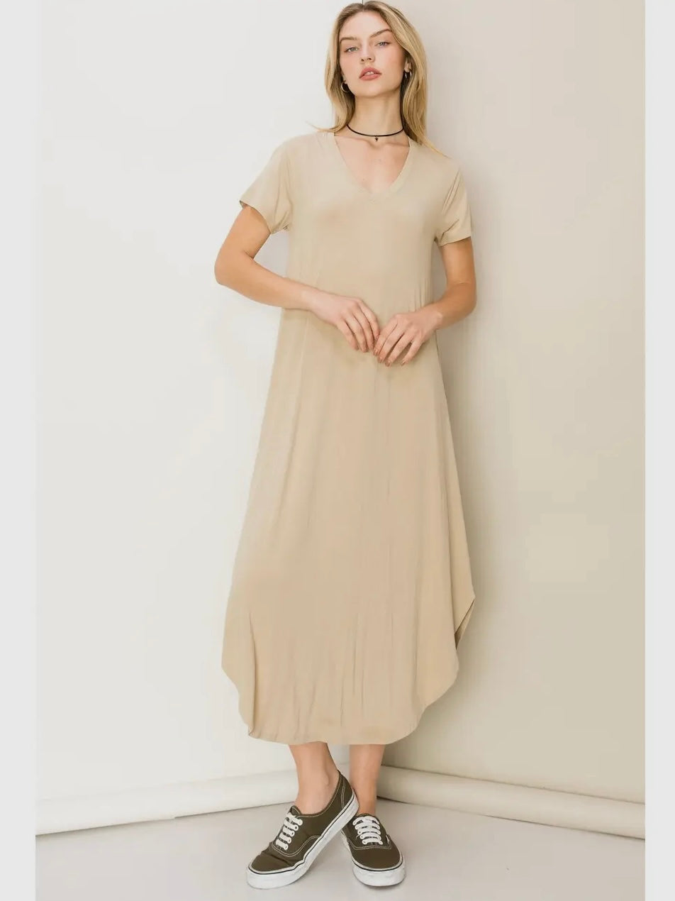 Caffe Latte V-Neck Midi Tee Dress