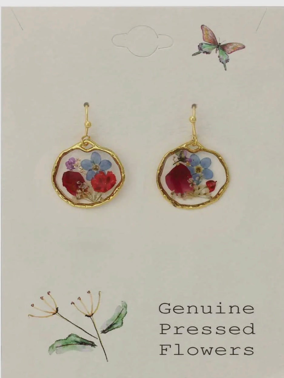 Cottage Floral Blue Red Dried Flower Earrings