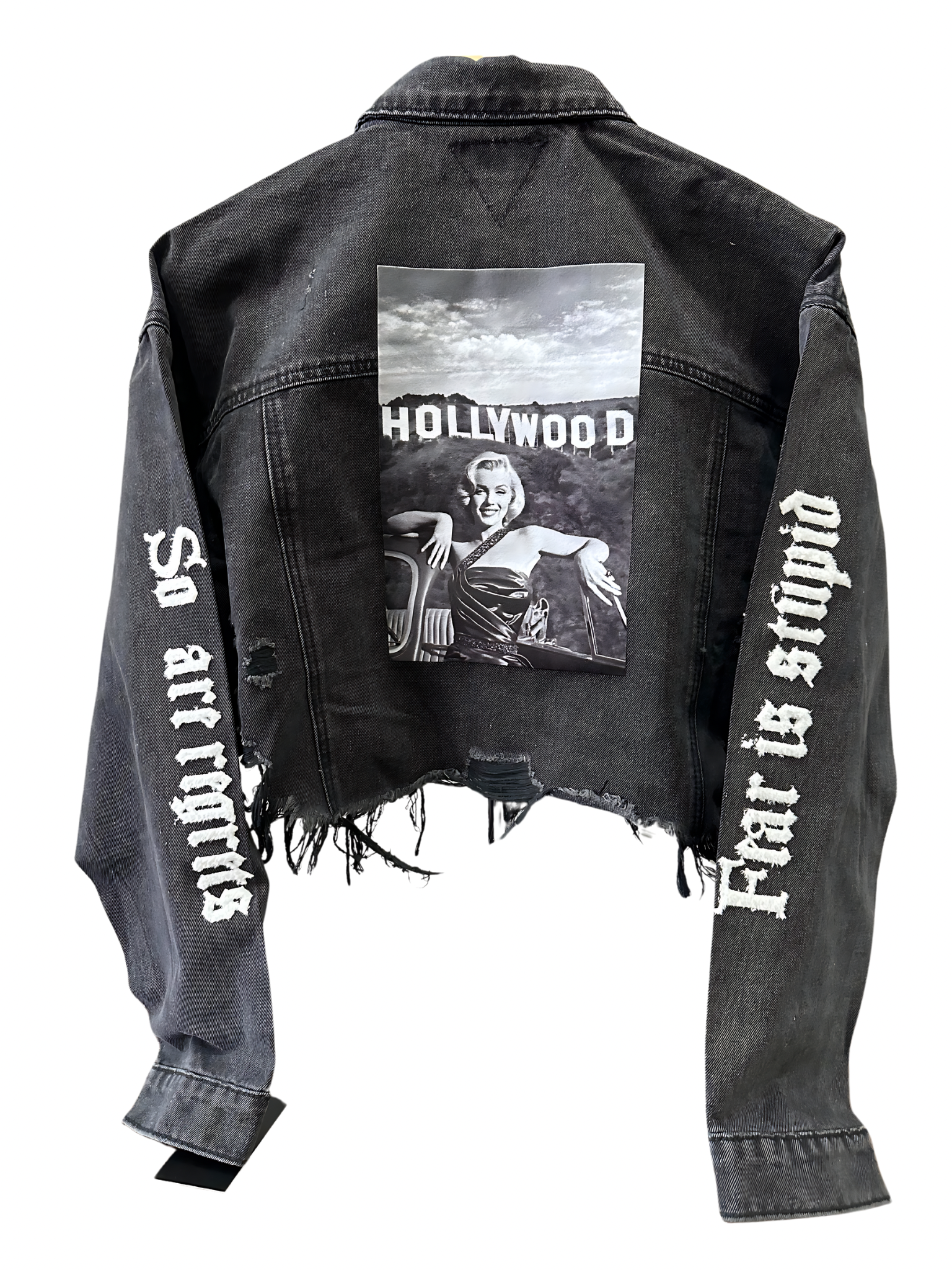 Black Cropped Denim Distressed Jacket.  Iconic Marily Monroe Hollywood Image.  Sleeve Detail Fear is Stupid So Are Regrets